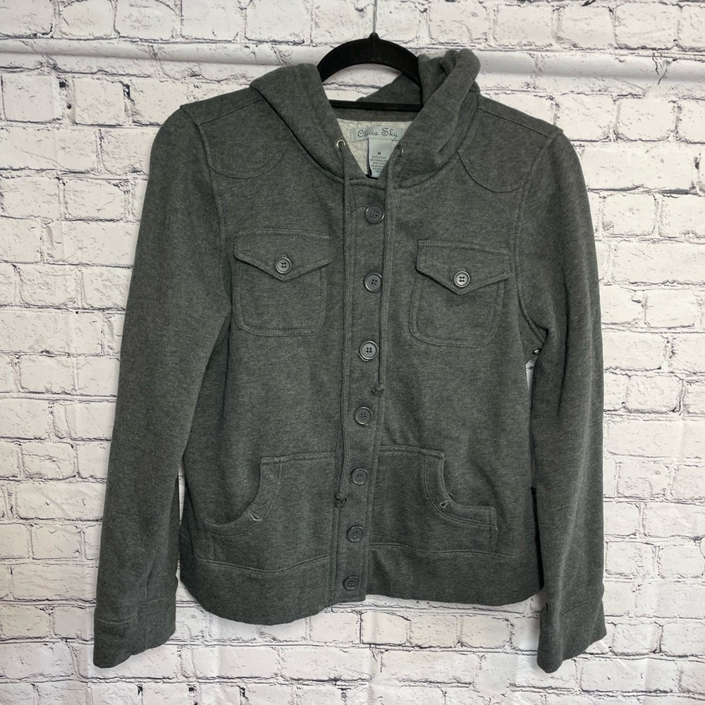 Olivia Sky Women’s Grey Fleece Button Down Hooded Jacket Size M